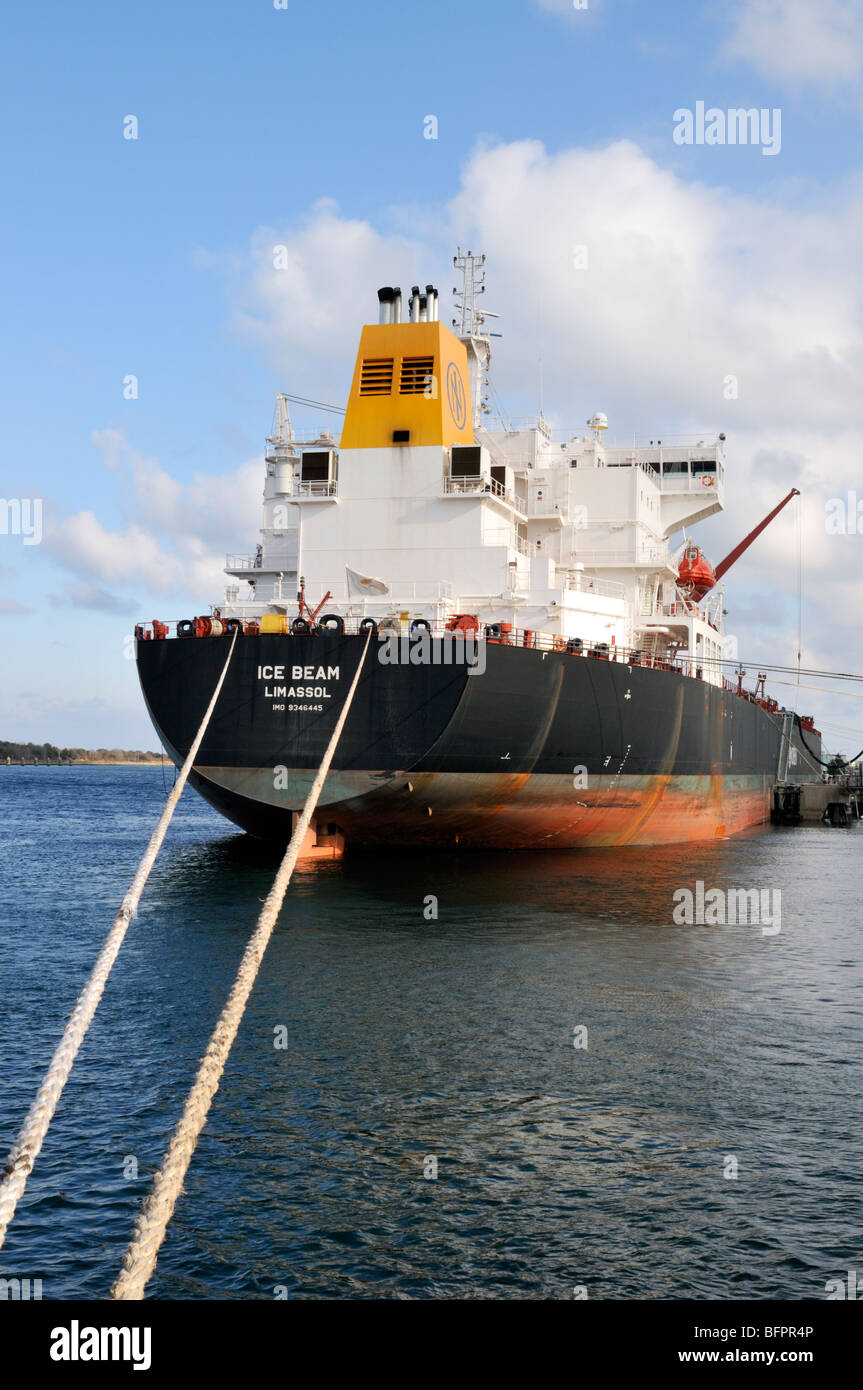 Oil tanker Ice Beam from the stern with ship's lines tied to pier Stock Photo