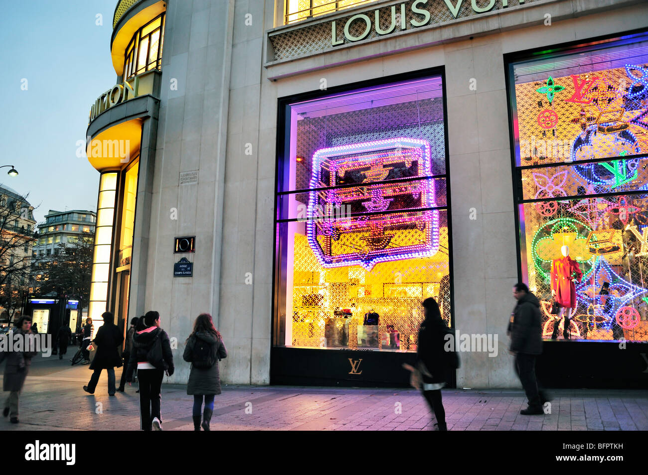 Paris, France, Art Deco louis vuitton building, LVMH Store on Avenue  Champs-Elysees, at Dusk, centre fashion, Shop, france light windows night  Stock Photo - Alamy