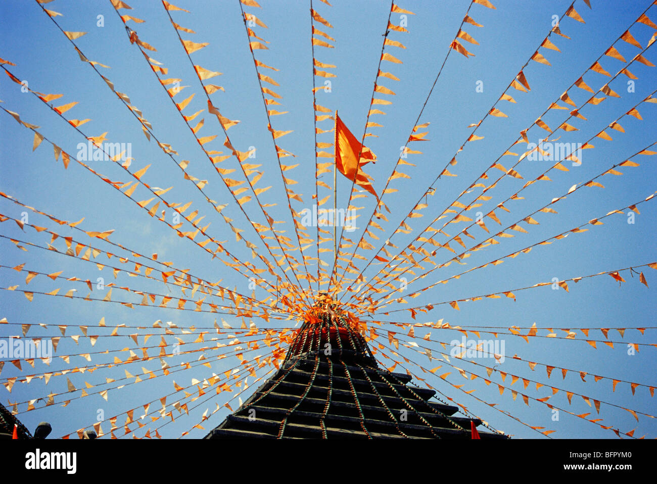 MMN 66865 : Temple of Hanuman decorated with saffron flag ; Dadar ; Bombay Mumbai ; Maharashtra ; India Stock Photo