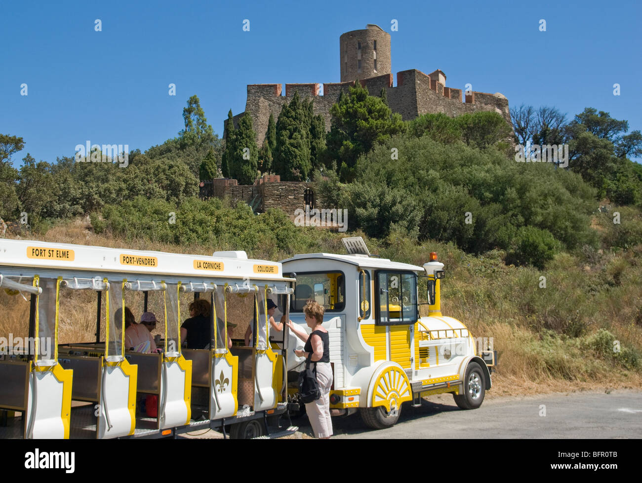 Fort St Elme and " Le petit train touristique" Collioure Pyrenees Orientals  Stock Photo - Alamy