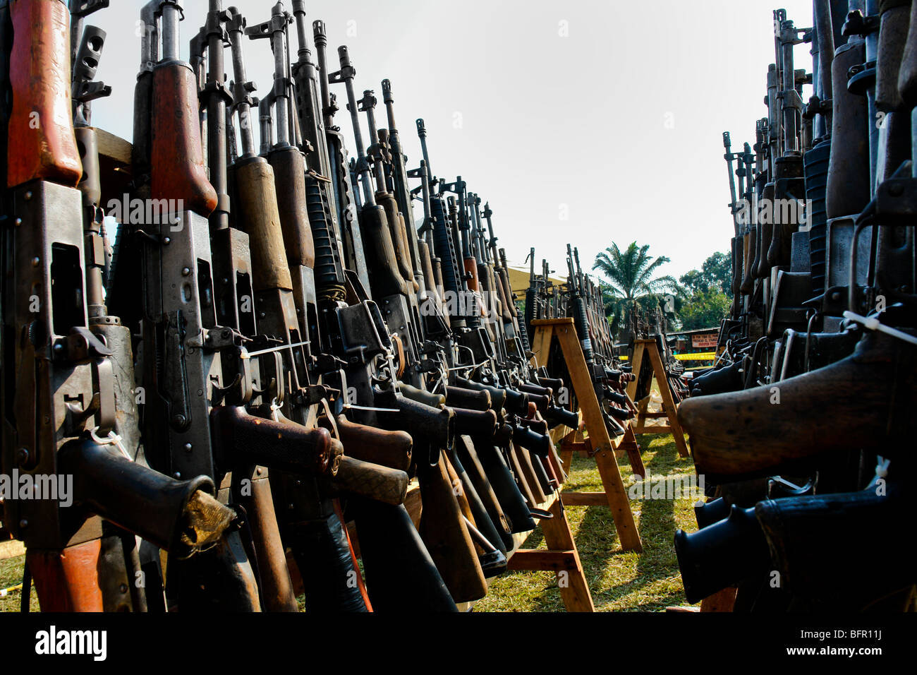 Machine guns that belonged to the demobilized Colombian paramilitary forces (AUC) in Casibare, Meta, Colombia. Stock Photo
