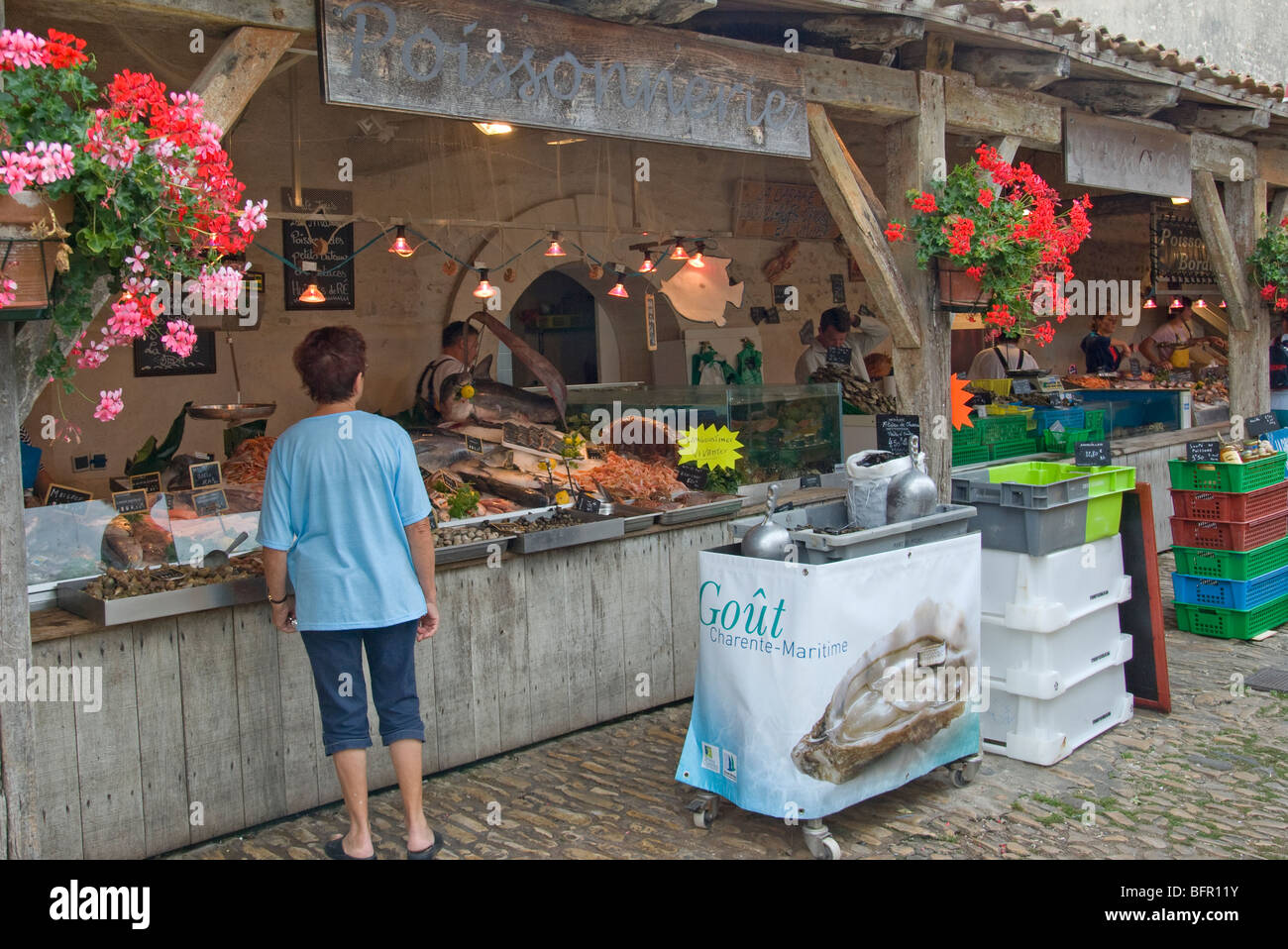 Fish stall La Flotte Market, Ille de Re, Charente Stock Photo