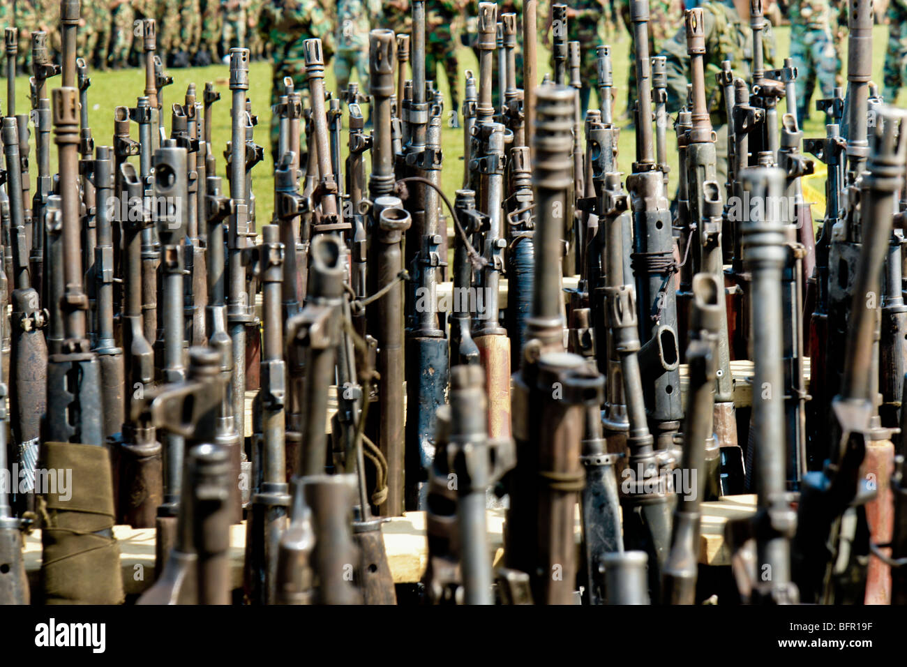Automatic guns that belonged to the demobilized Colombian paramilitary forces (AUC) in Casibare, Meta, Colombia. Stock Photo