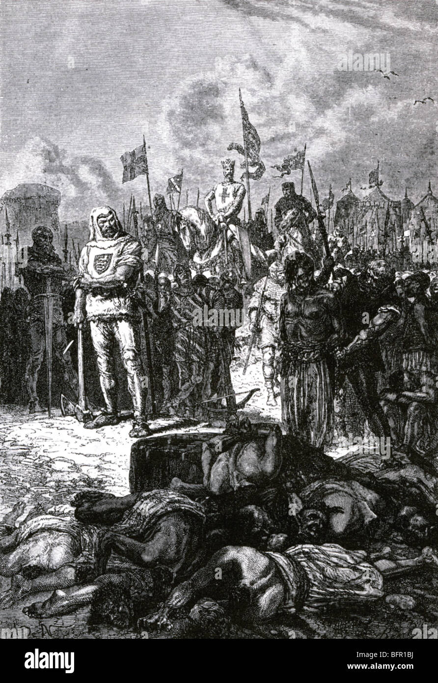 KING RICHARD I of England  watches as 2700 prisoners are executed following the capture of Acre in 1191 on the Third  Crusade Stock Photo