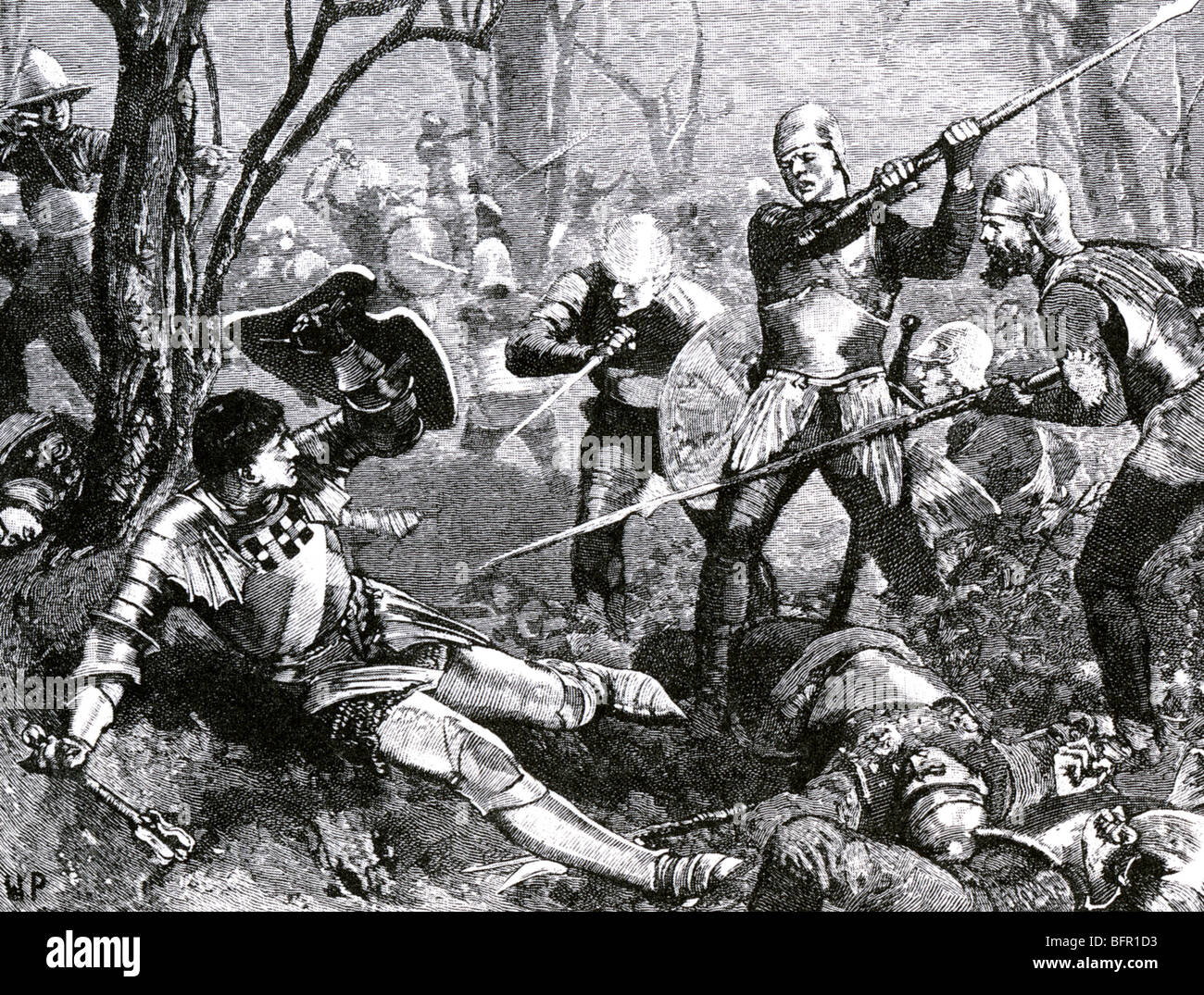 BATTLE OF BARNET 14 April 1471 - death of Warwick the Kingmaker in a 19th century engraving Stock Photo
