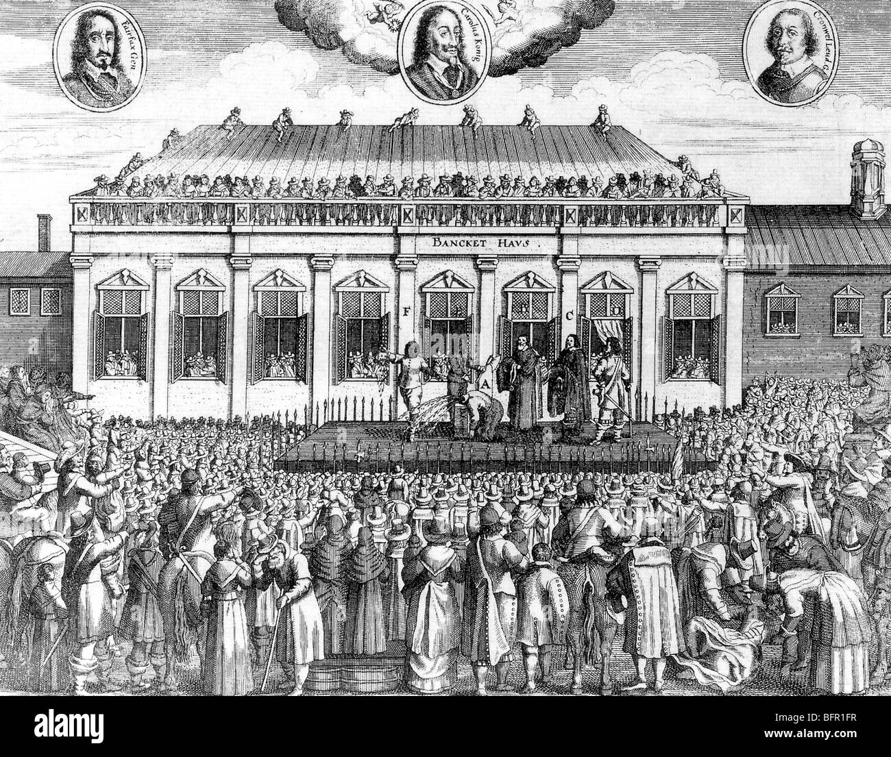 EXECUTION OF CHARLES I in Whitehall on 30 January 1649 from a contemporary German engaving Stock Photo