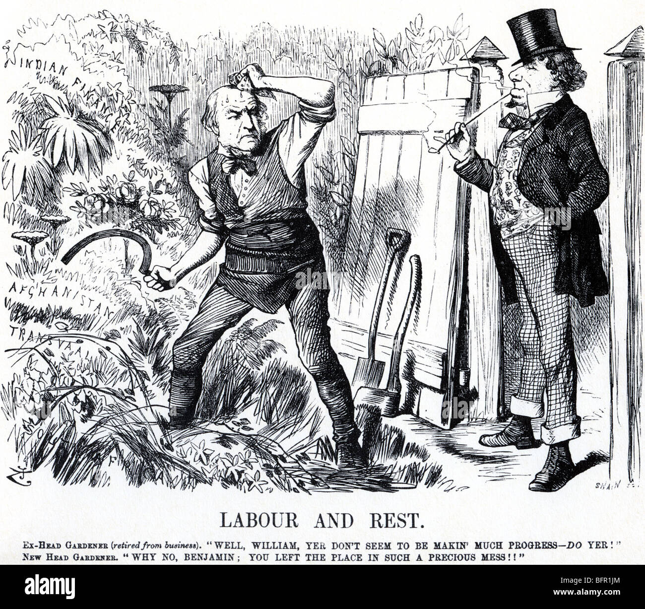 Image of Plundering and Blundering, cartoon of Gladstone as a pilgrim  weighed