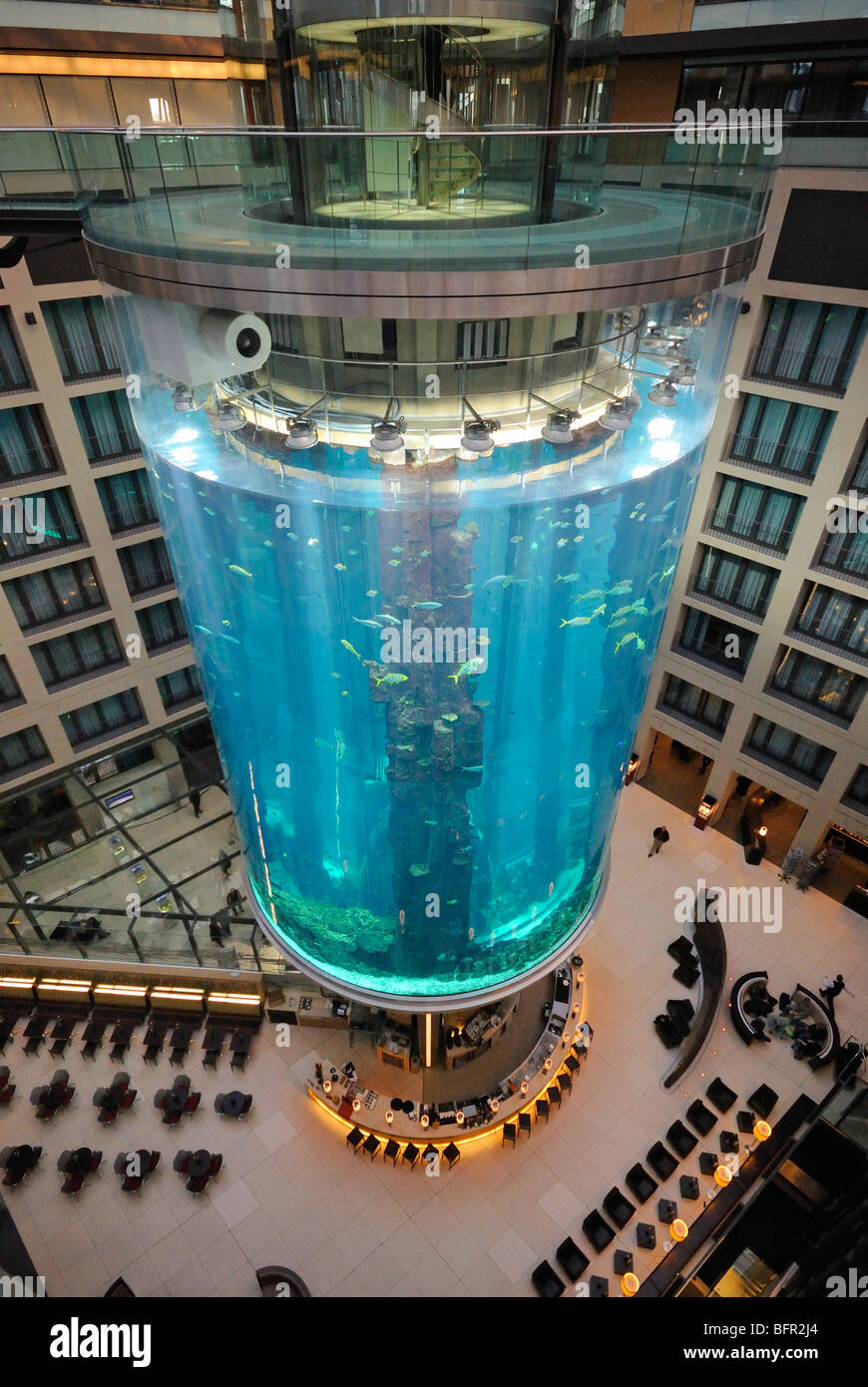 Lobby of Radisson SAS Hotel. DomAquaree, Aquadom. Sealife. Unter den Linden. Berlin Mitte. Berlin. Stock Photo