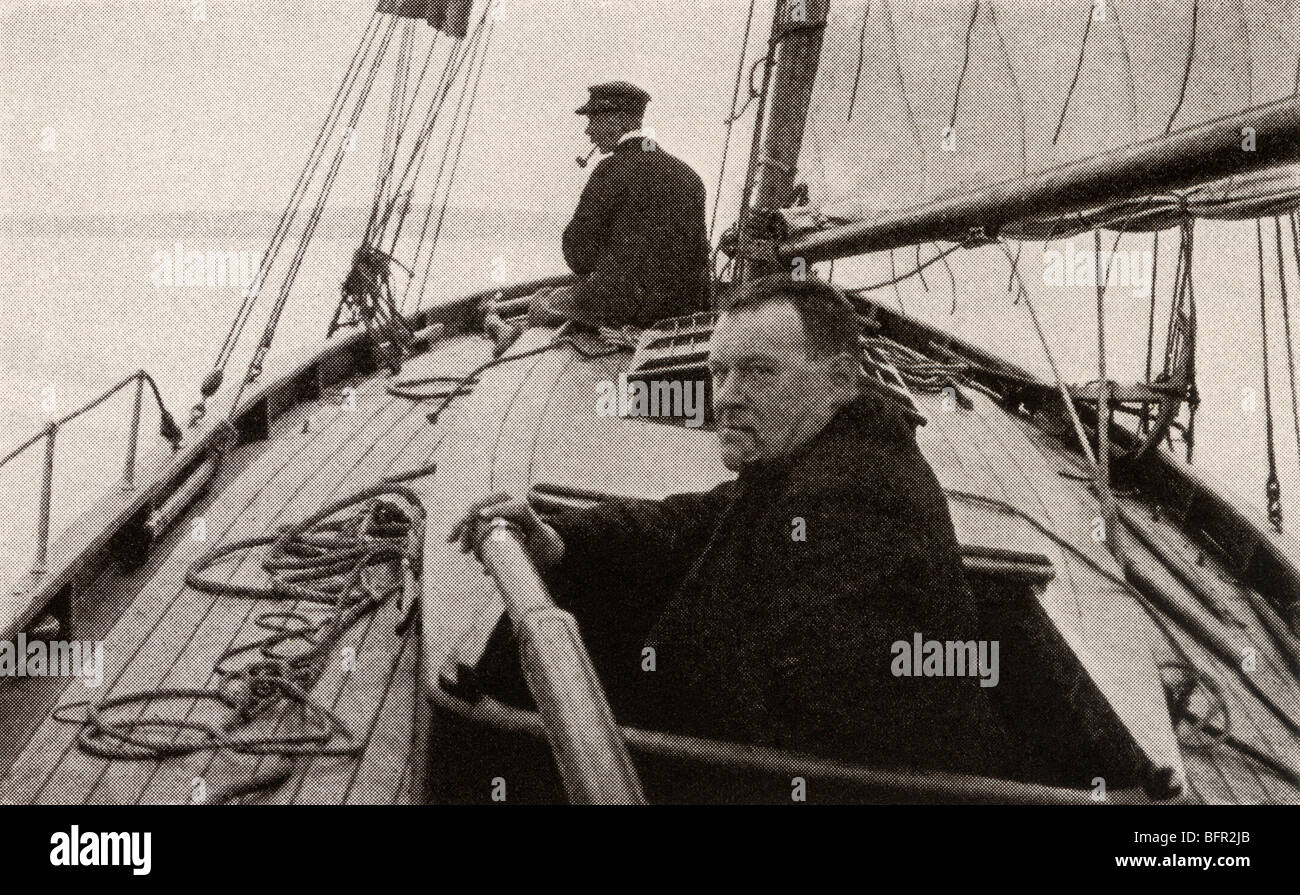 Hilaire Belloc in his boat.  Joseph Hilaire Pierre Rene Belloc, 1870 to 1953.  Anglo-French writer and historian. Stock Photo