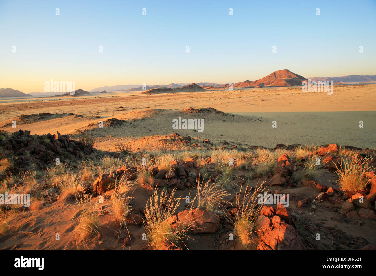 Sossusvlei scene with rocky foreground and a flat grassland plain Stock Photo