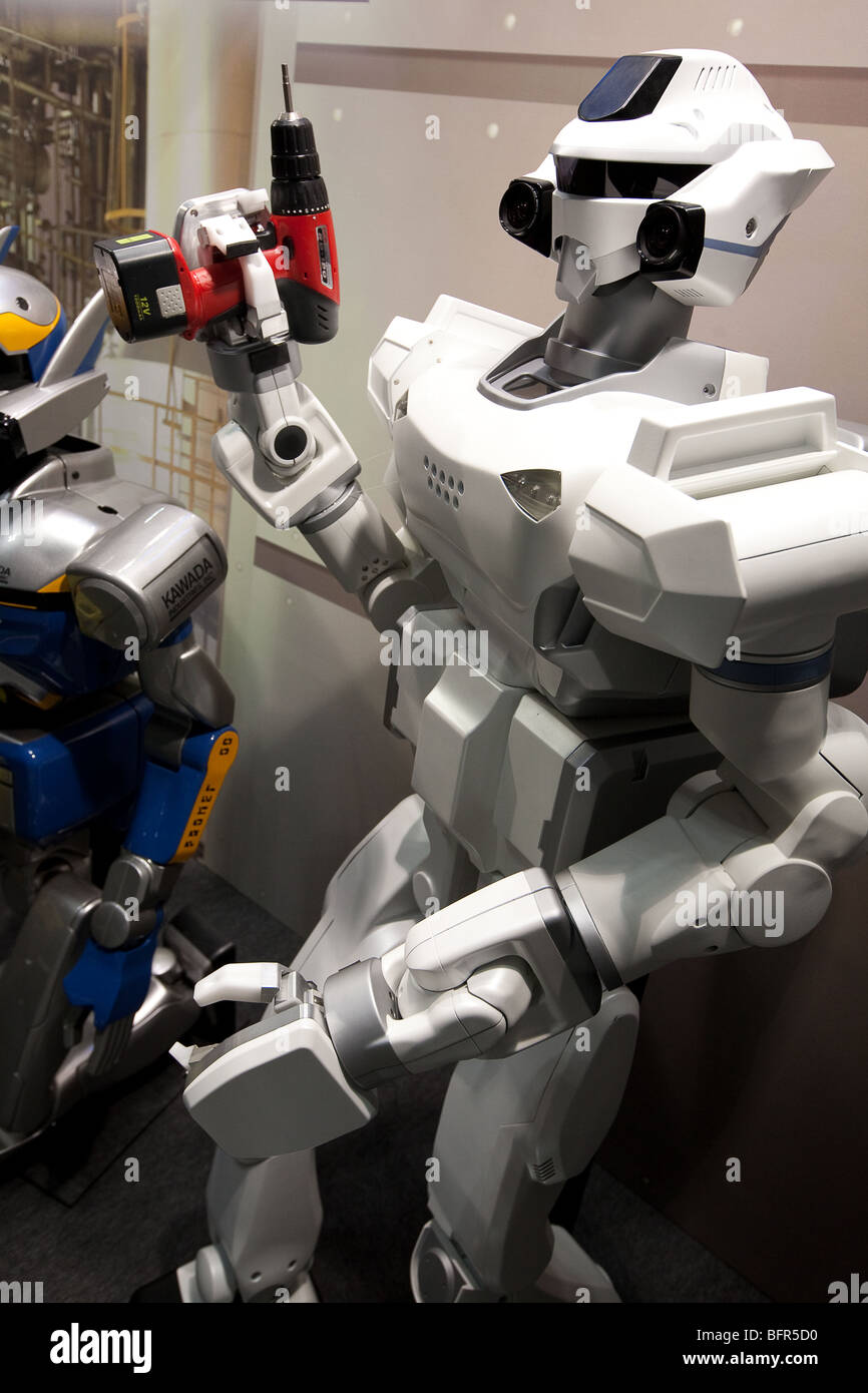 Humanoid robots, produced by Kawada, on display at the International