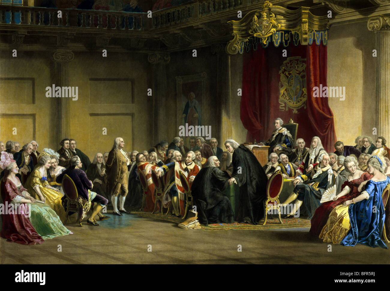 Print c1859 of Benjamin Franklin appearing before the Lords in Council (Privy Council) at Whitehall Chapel in London in 1774. Stock Photo