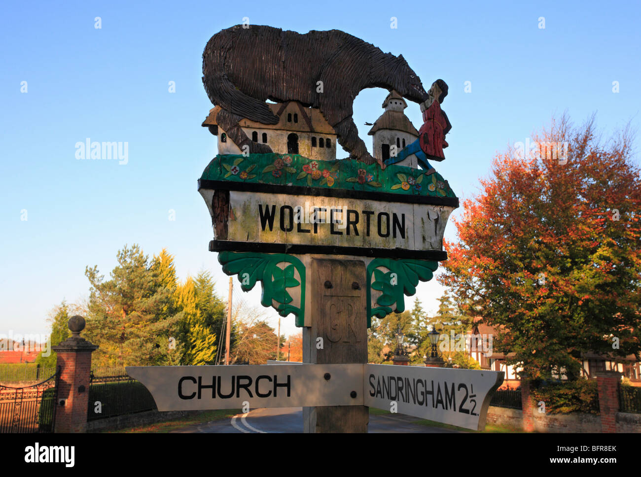 The village sign at Wolferton in West Norfolk. Stock Photo
