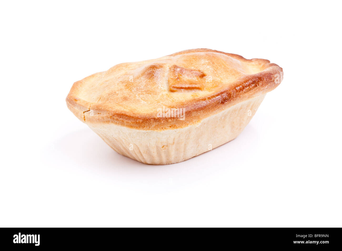 Individual short crust pastry steak pie isolated against white background Stock Photo