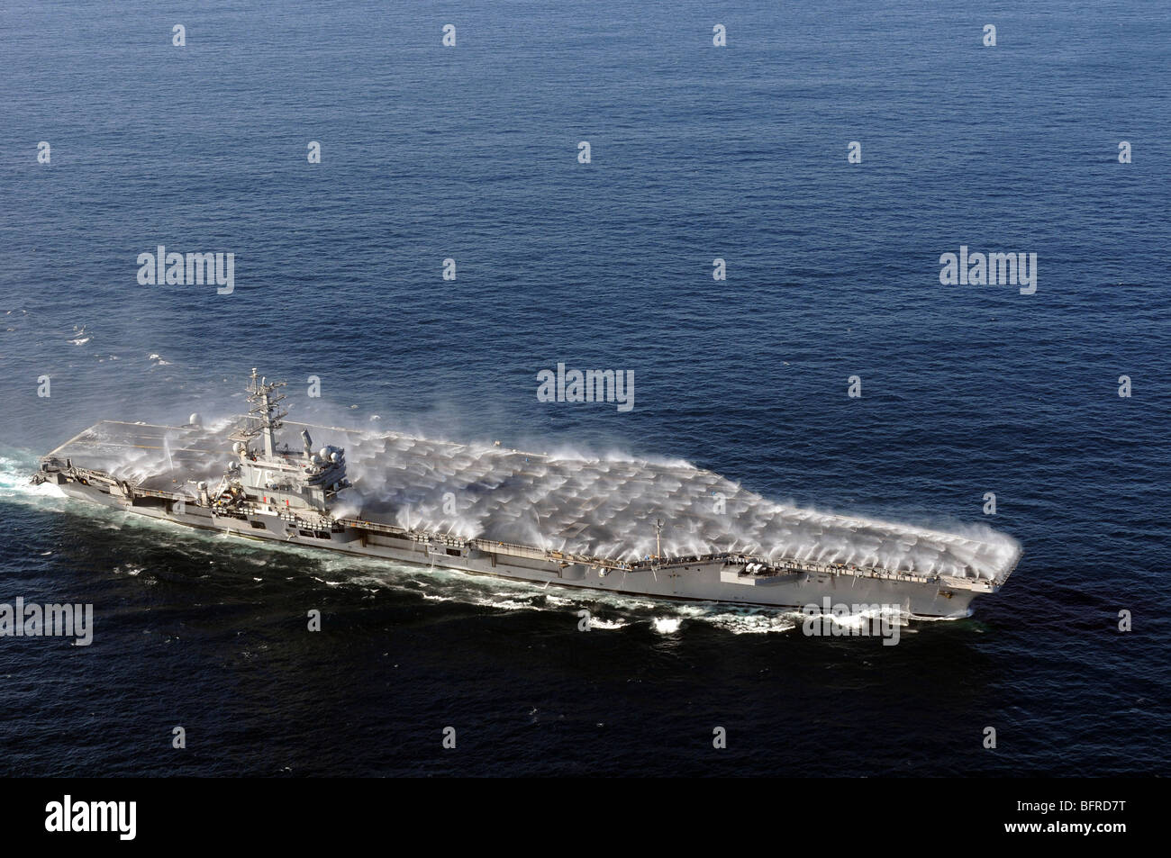 Countermeasure wash down sprinklers activated on the aircraft carrier
