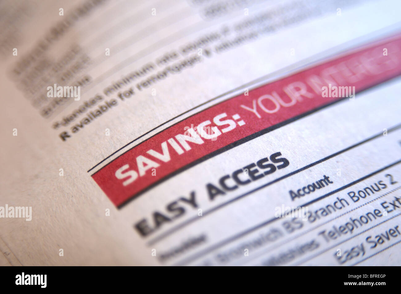 Financial data in a National Newspaper showing cash borrowing and savings Stock Photo