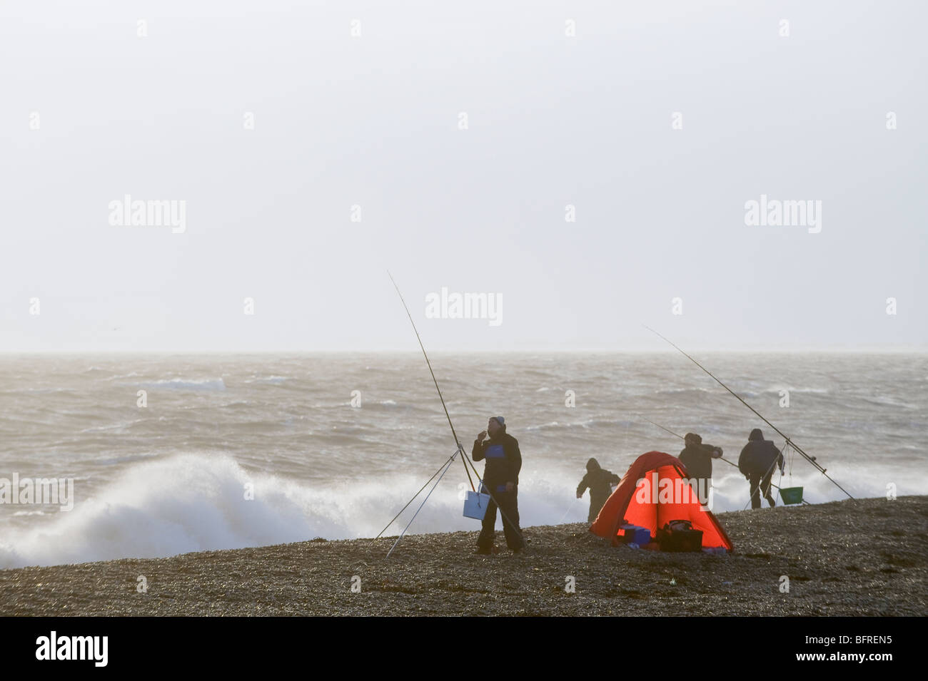 Sea angling competition during rough seas. Hythe Kent, UK Stock Photo