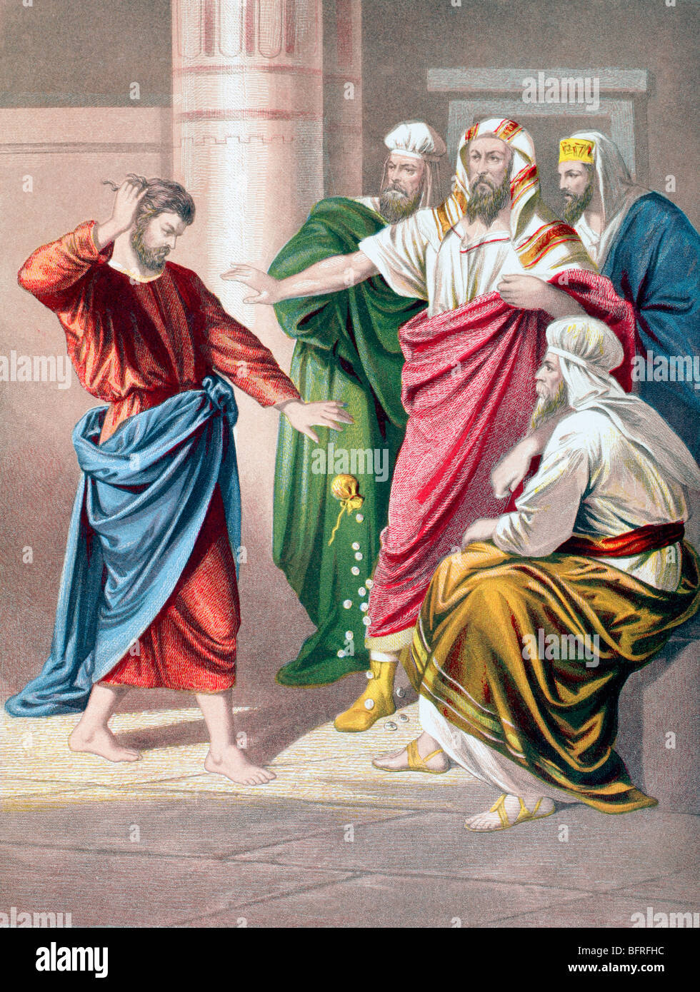 Judas repents, and in remorse returns the thirty pieces of silver. Stock Photo