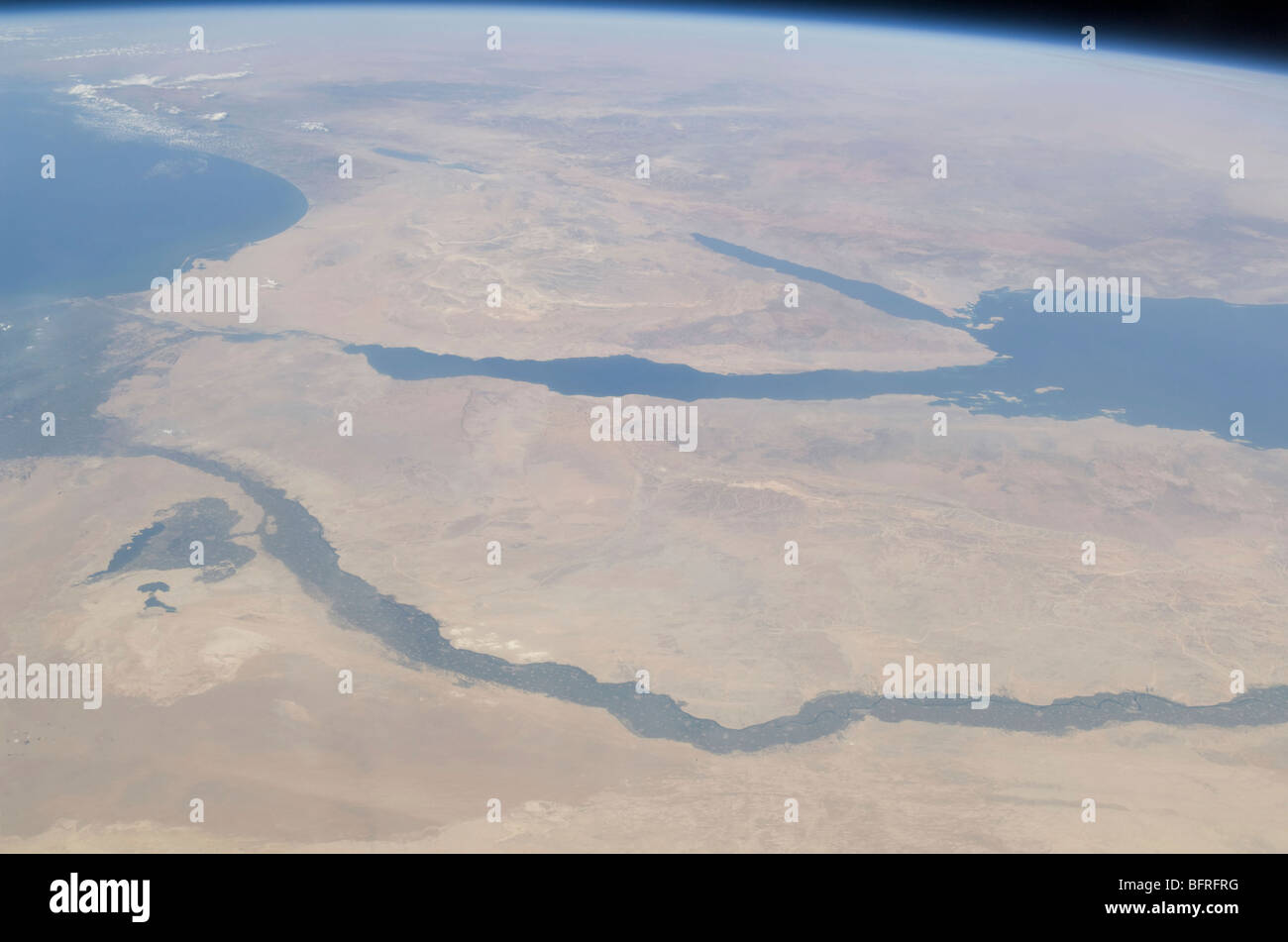 Aerial view of the Egypt and the Sinai Peninsula along with part of the Mediterranean Sea and Red Sea. Stock Photo