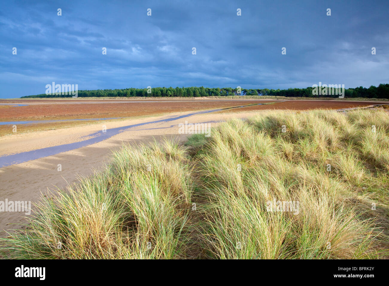 Holkham Bay & sand dunes during a passing storm on the North Norfolk Coast, UK Stock Photo