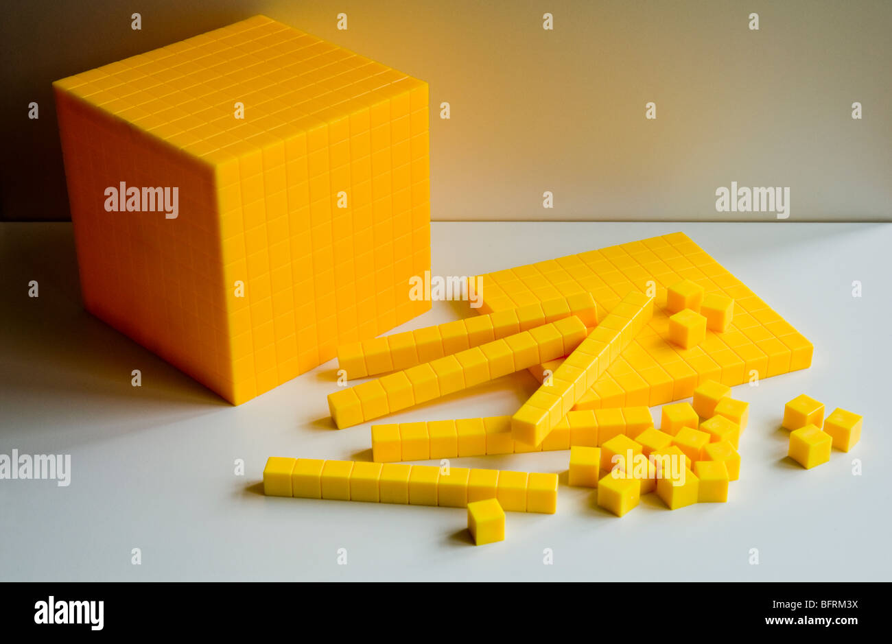 Counting bricks; a cube (a thousand), a flat (one hundred) , rods (tens