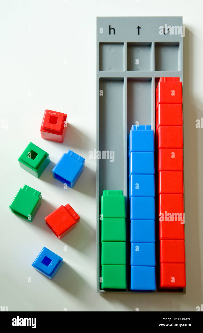 Counting bricks, with a place value tray showing htu (hundreds, tens