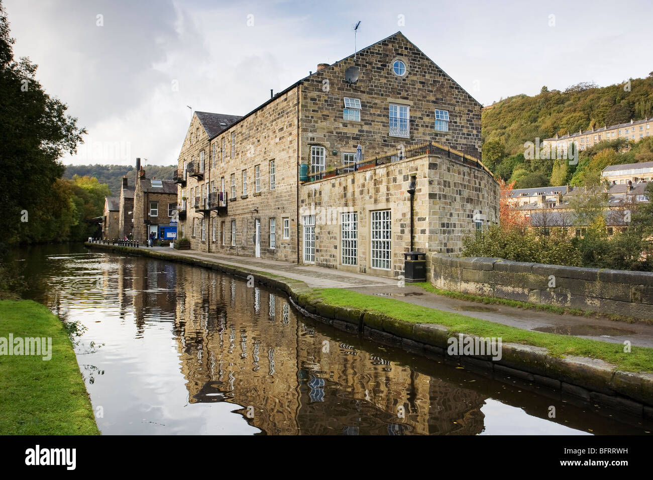 Renovated Mill, Flats apartments, alongside the towpath of the Rochdale Canal at Hebden Bridge