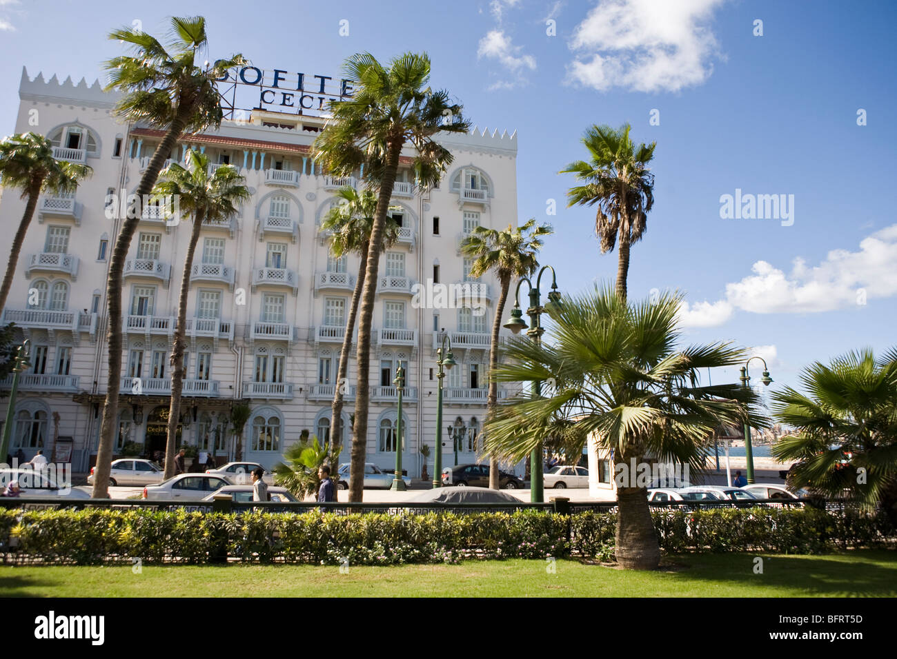 The Sofitel Cecil Hotel on the corniche in Alexandria, Egypt seen from the park Stock Photo