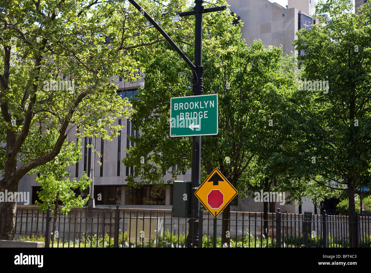 Brooklyn Bridge Sign, Manhattan, New York City, New York, USA Stock Photo