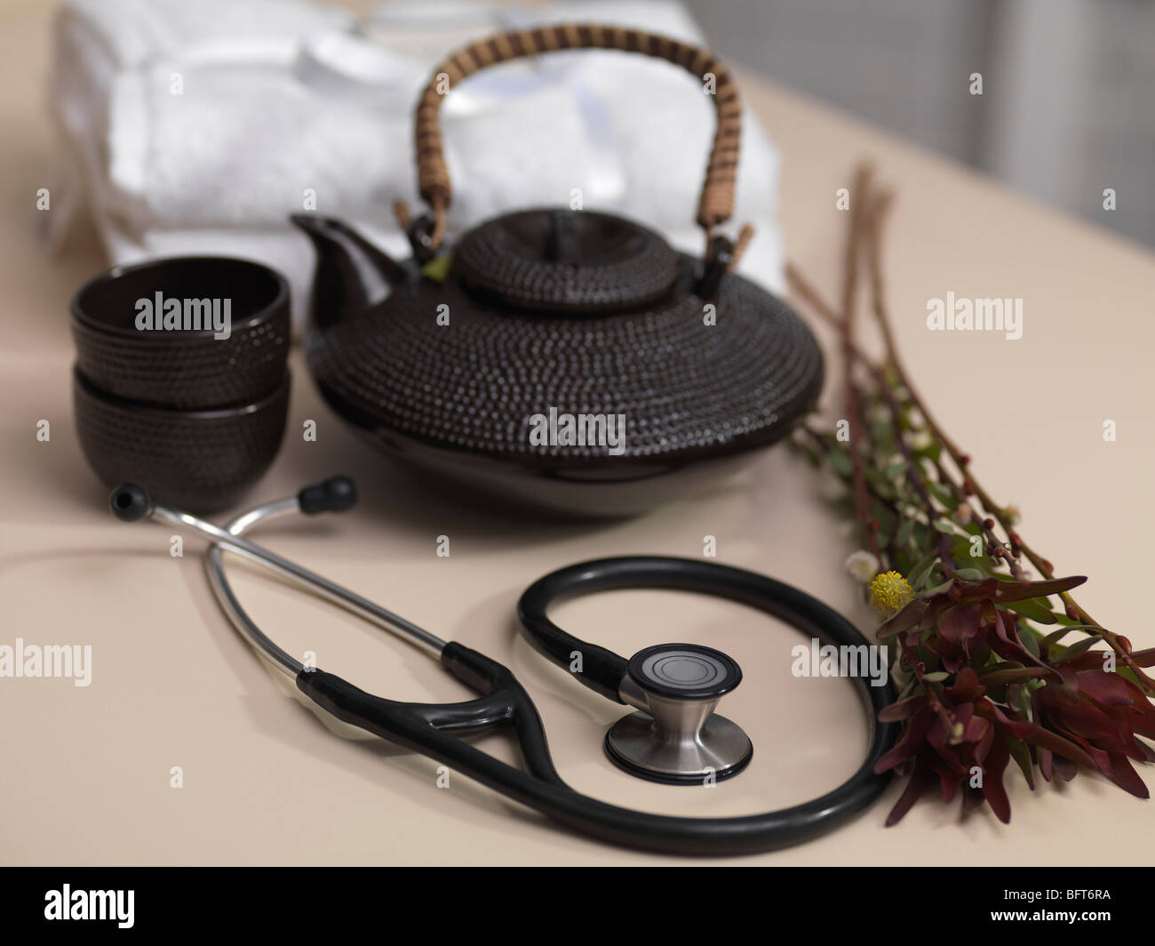 Teapot, Wild Plants and Stethoscope Stock Photo