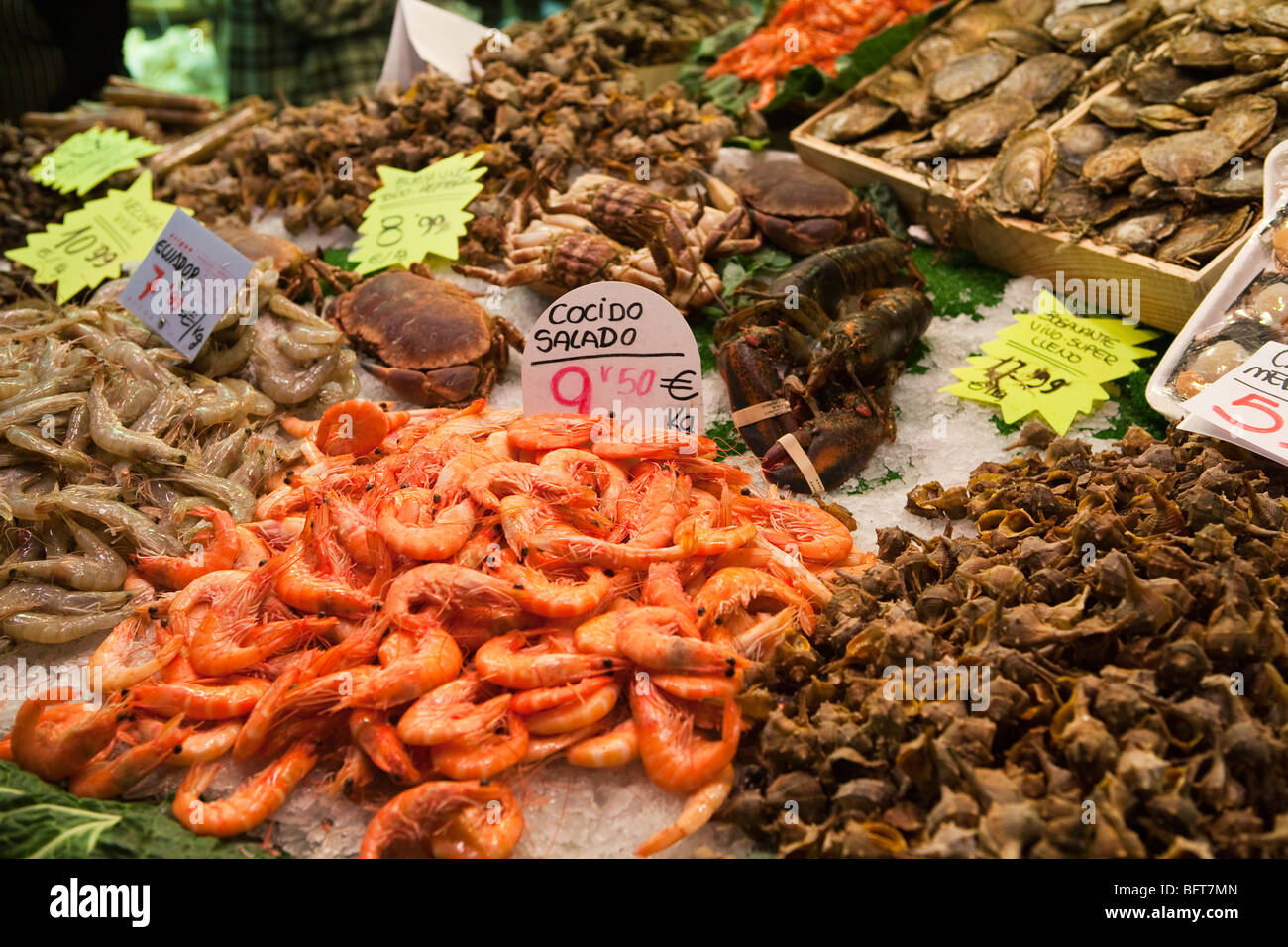 Seafood in Open Air Market, Barcelona, Spain Stock Photo