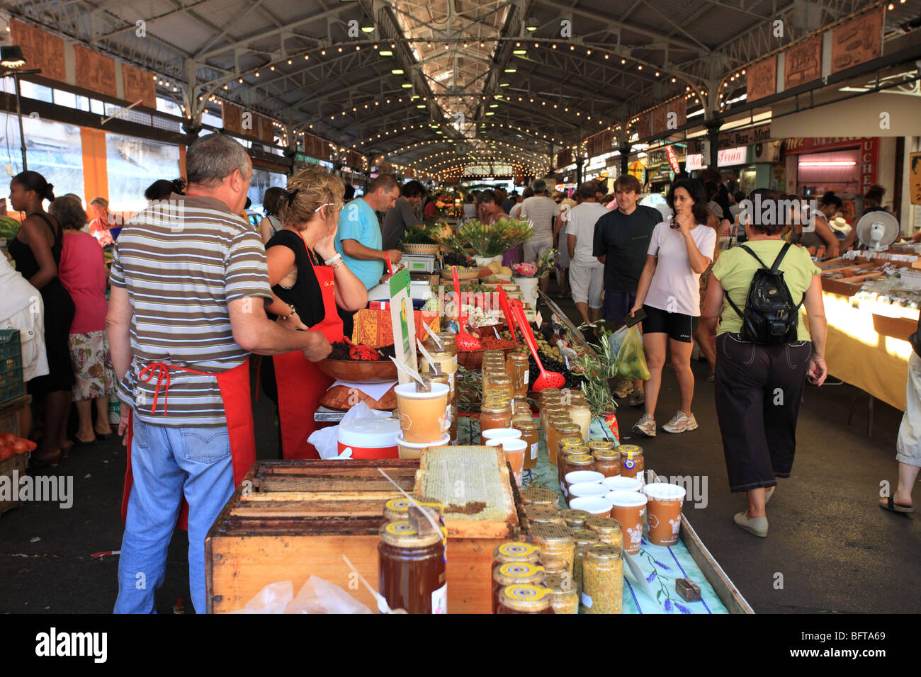 The covered market of Antibes with artisanal Provence product Stock Photo