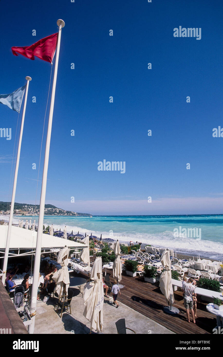 Red flag on the promenade des Anglais in Nice because of rough sea Stock Photo