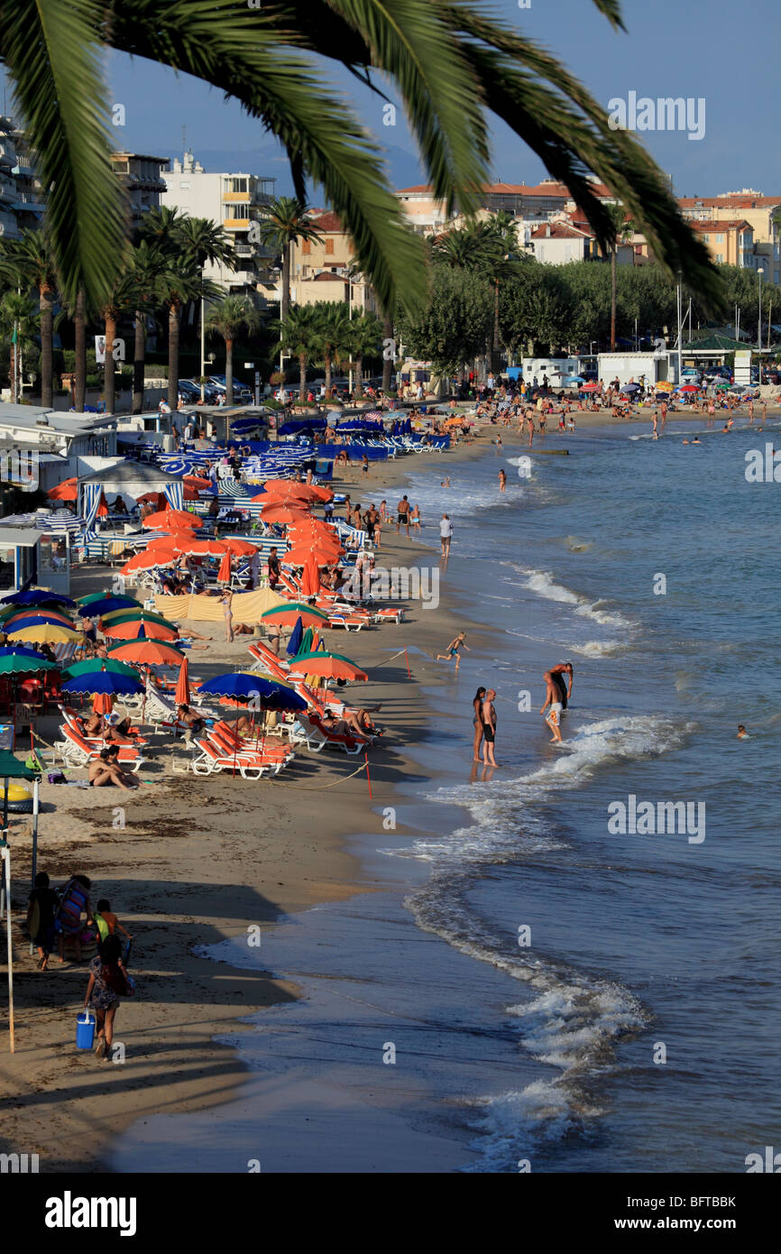 The public beach of Golfe Juan near Cannes Stock Photo