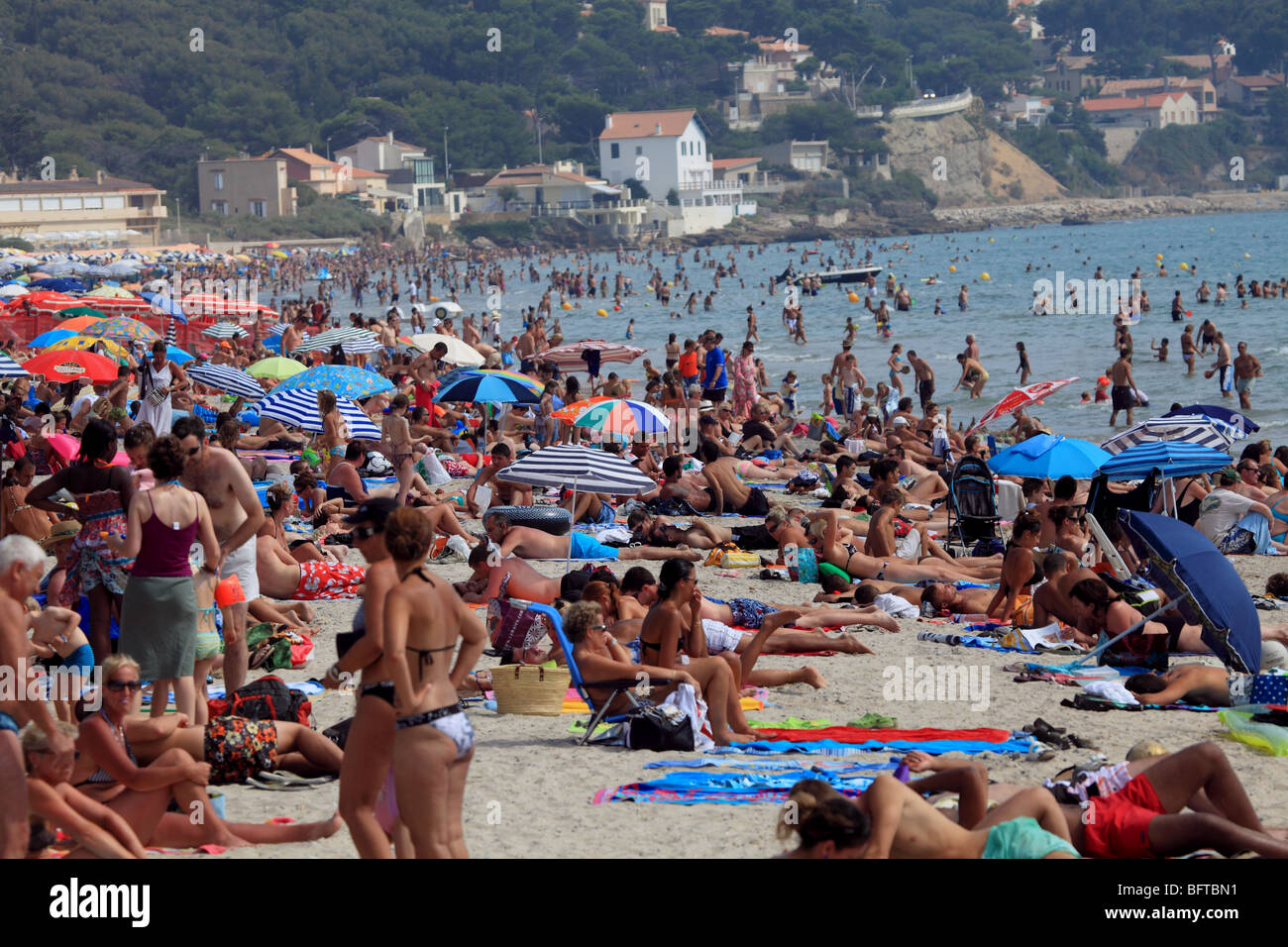 The Crowded Beach Of Saint Cyr Sur Mer In Summer Time Stock
