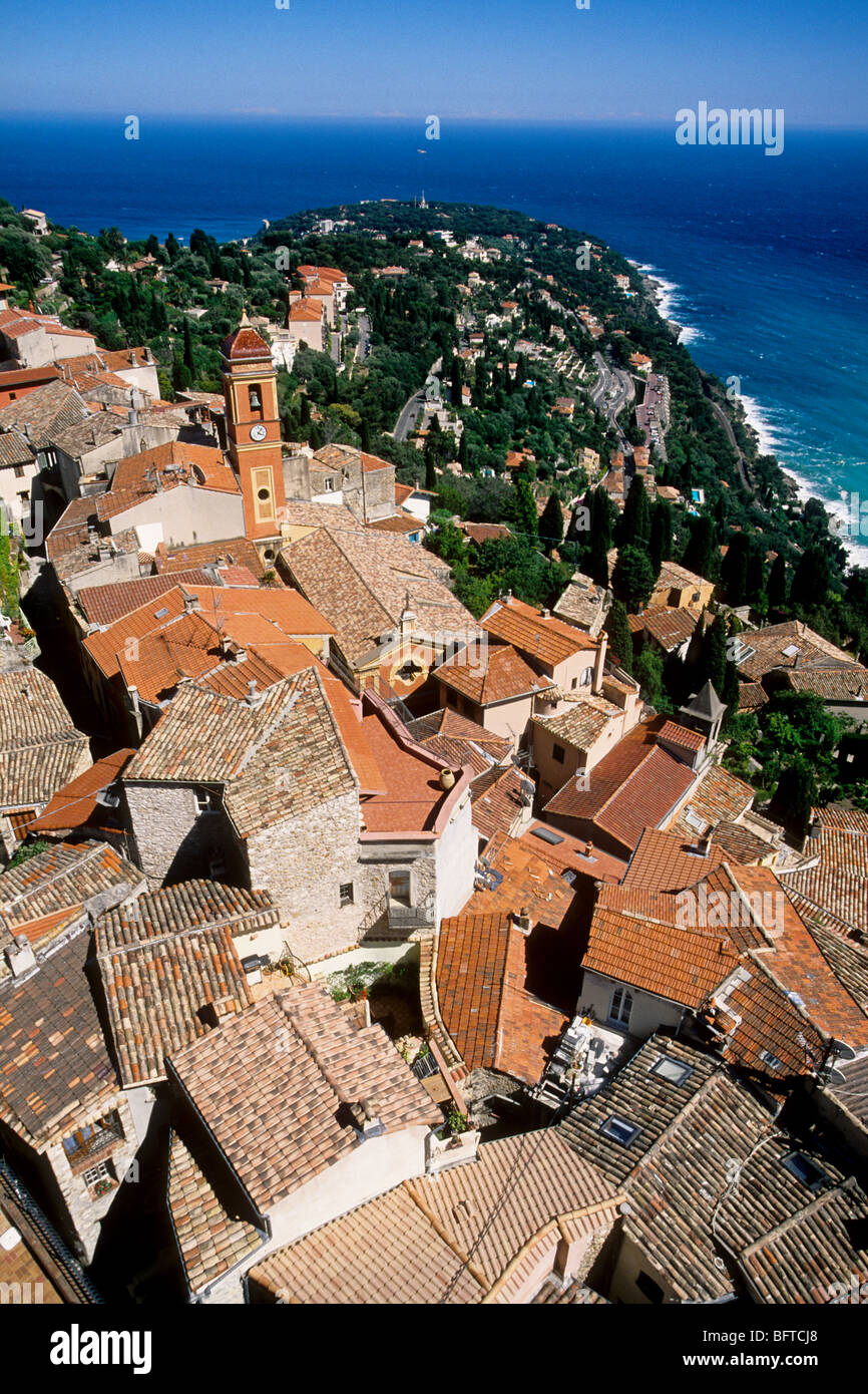 Top view above the coastal medieval village of Roquebrune and the Cap Martin Stock Photo