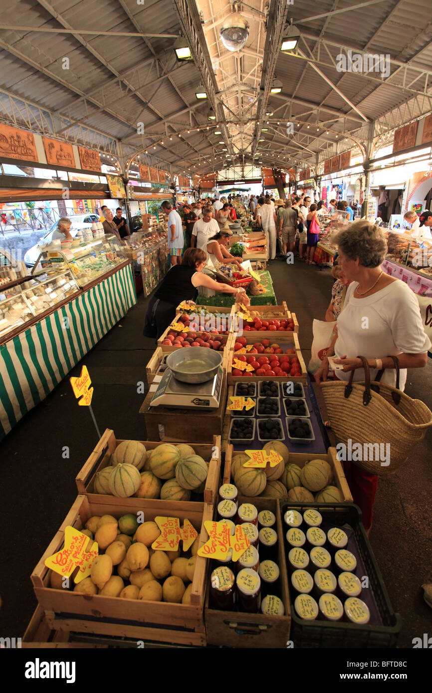 The colorful covered market in the old town of Antibes Stock Photo