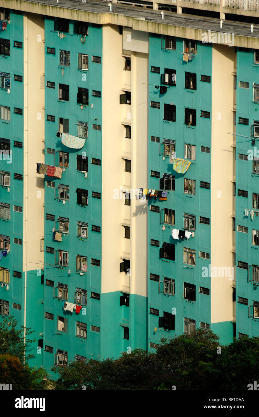 Washing or Laundry Hanging from Low-Cost Housing, Tower Blocks, High Rises, Flats, Apartments or Apartment Blocks, Singapore Stock Photo