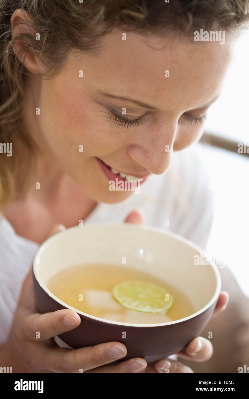 middle-aged woman drinking tea Stock Photo