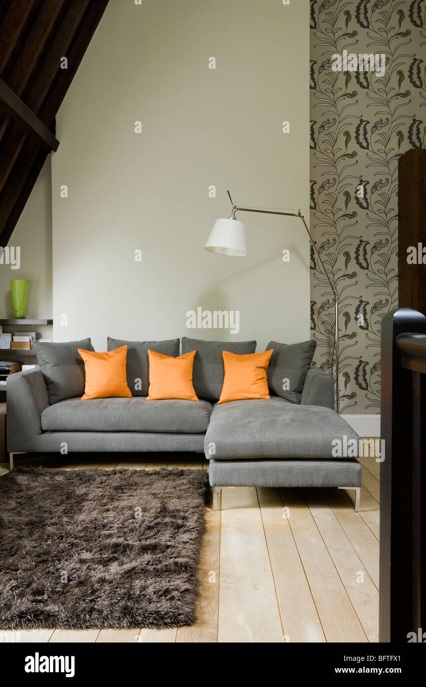 Contemporary sitting room with retro-style prints and 20th century design pieces. Stock Photo