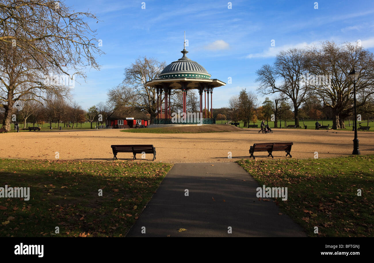 Autumnal views of the Bandstand in the center of Clapham Common, London, UK Stock Photo