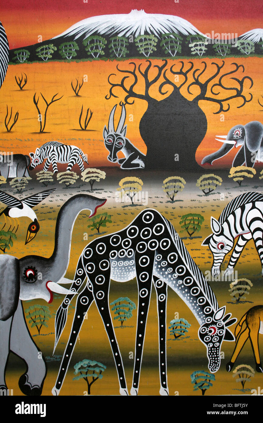 Traditional Tinga Tinga Painting Showing African Wildlife Taken In Mto Wa Mbu, Tanzania Stock Photo