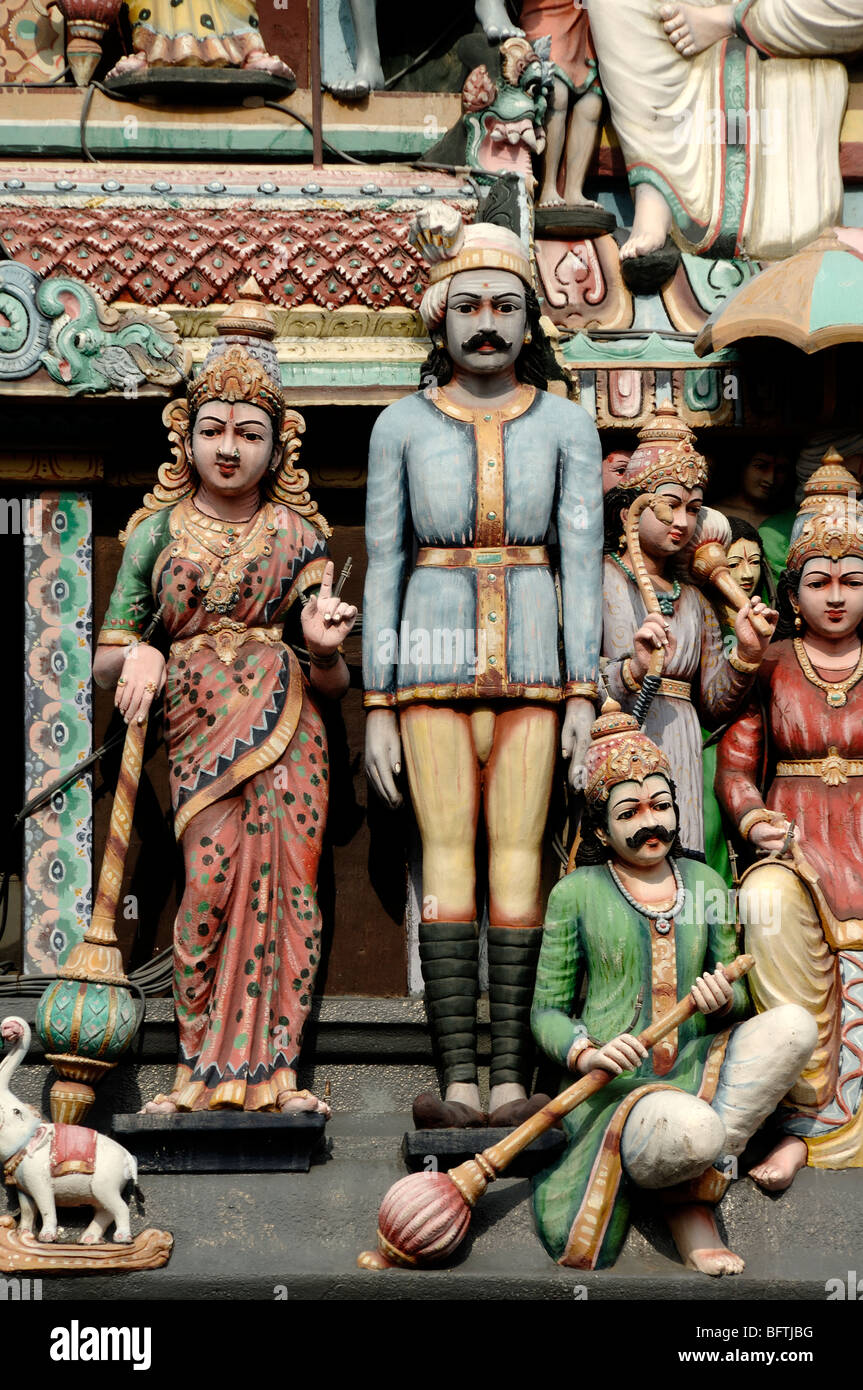 Hindu Gods or Deities on the Entrance Tower Roof or Gopuram of the Sri Mariamman Temple (f. 1827), Chinatown, Singapore Stock Photo