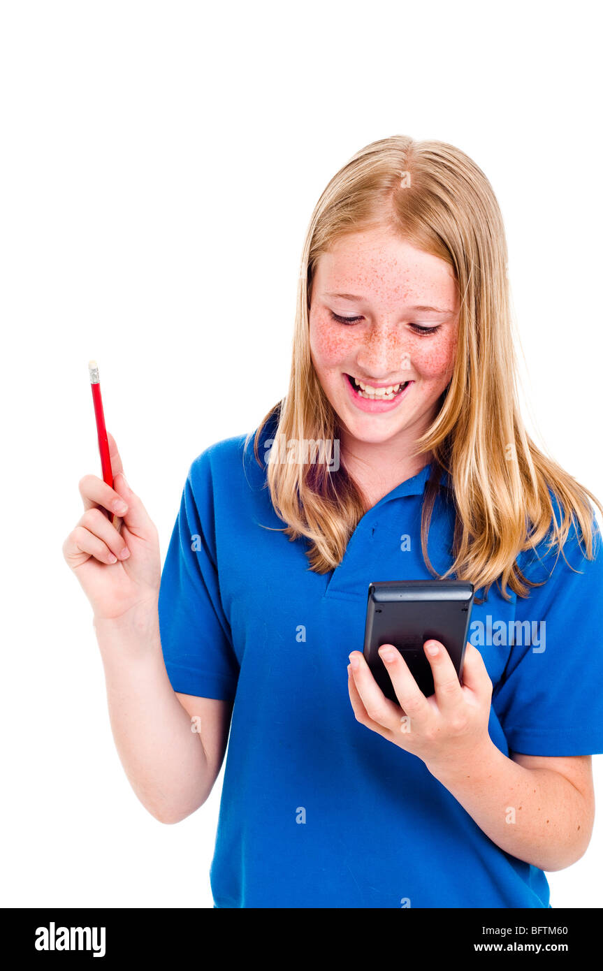 School Girl holding calculator and pencil Stock Photo