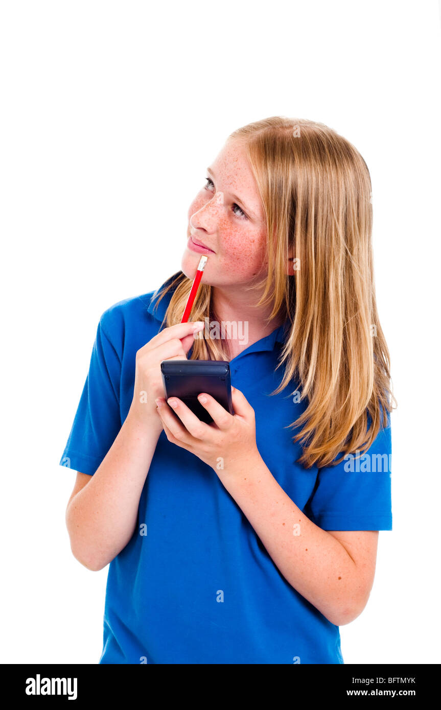 School Girl holding calculator and pencil Stock Photo