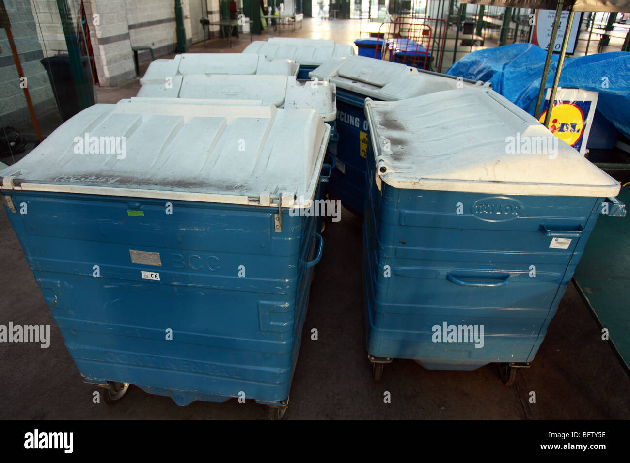 Six blue Industrial wheelie bins at Saint Market Belfast Each