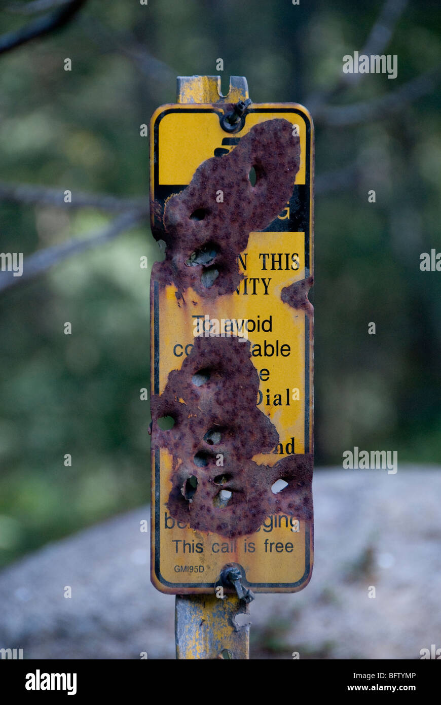 Bullet ridden sign in Australian bush Stock Photo