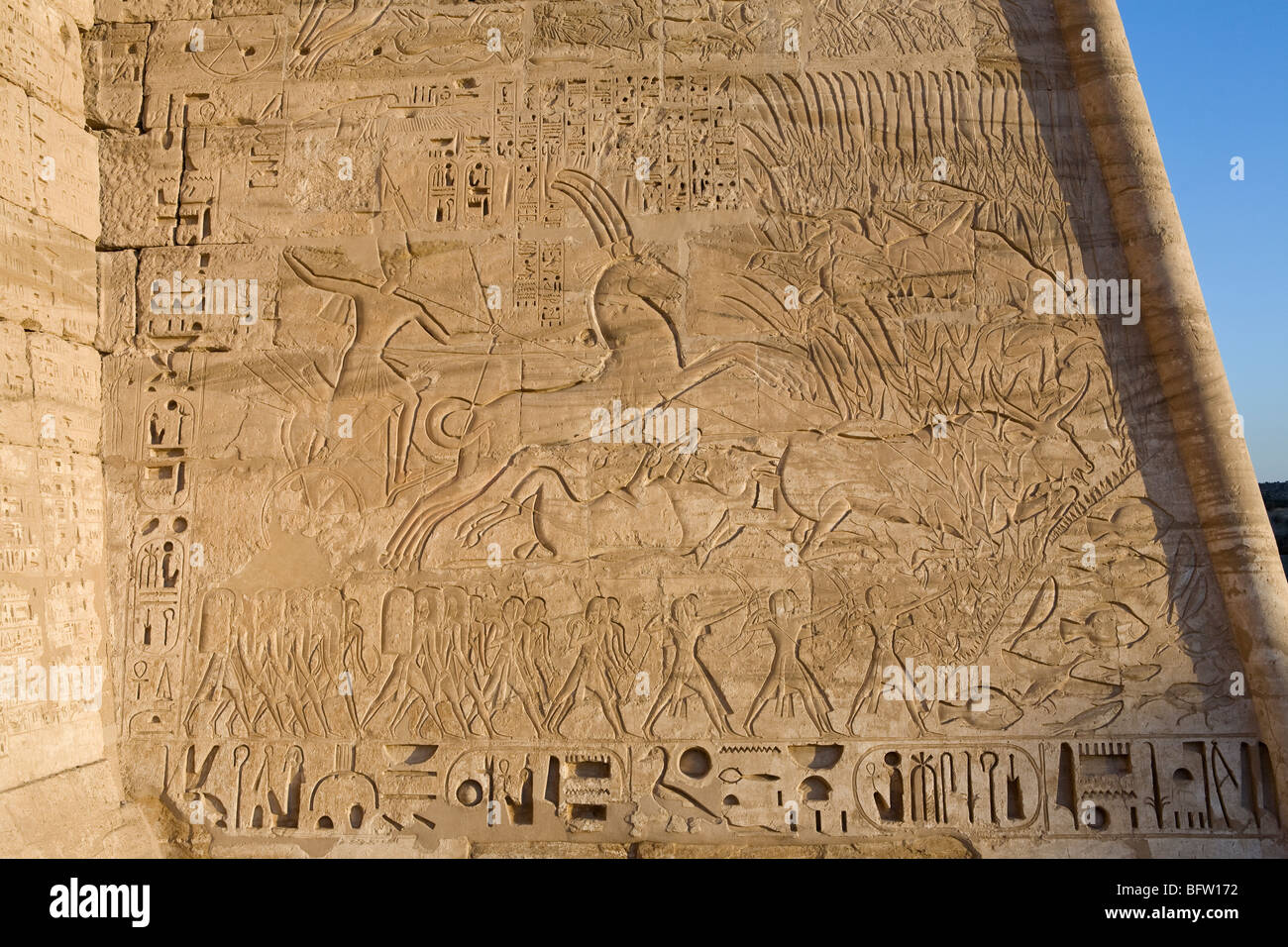 Close up of reliefs on First Pylon at Medinet Habu , Mortuary Temple of ...