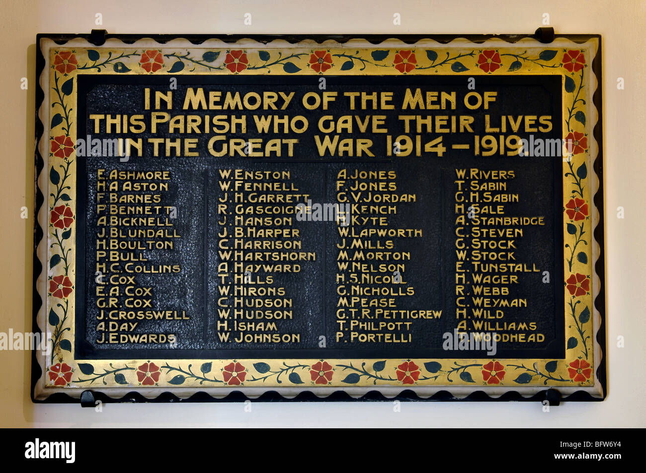 War memorial plaque, All Saints Church, Emscote, Warwick, Warwickshire, England, UK Stock Photo
