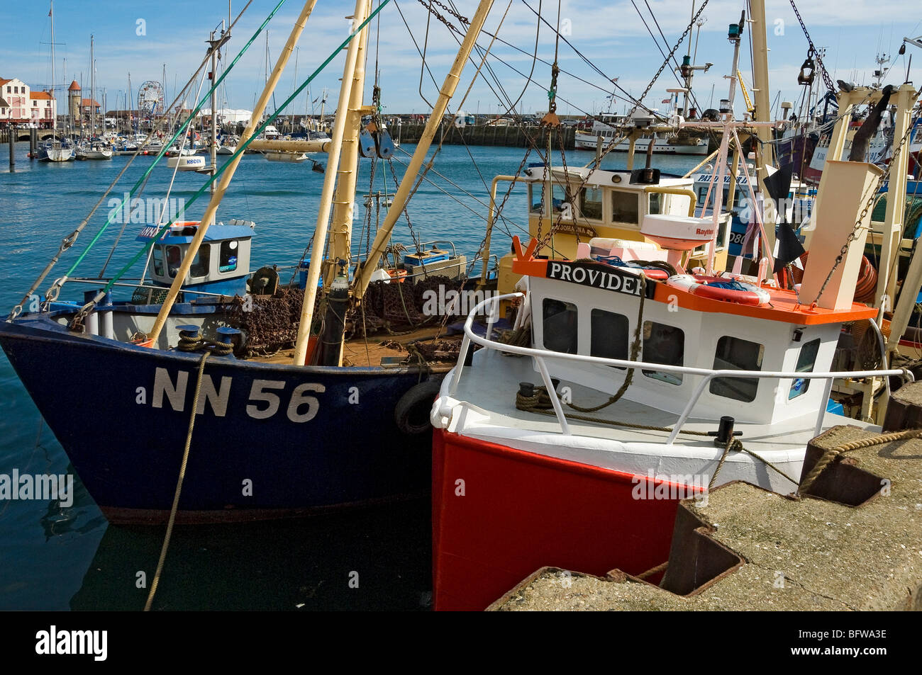 Close up of fishing boats boat vessel moored in Scarborough Inner Harbour North Yorkshire England UK United Kingdom GB Great Britain Stock Photo